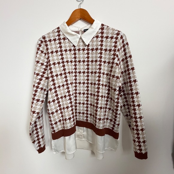 Jones New York Sweaters - Jones New York Sweater Women XL Brown Houndstooth‎ Layered Collar Mixed Media
